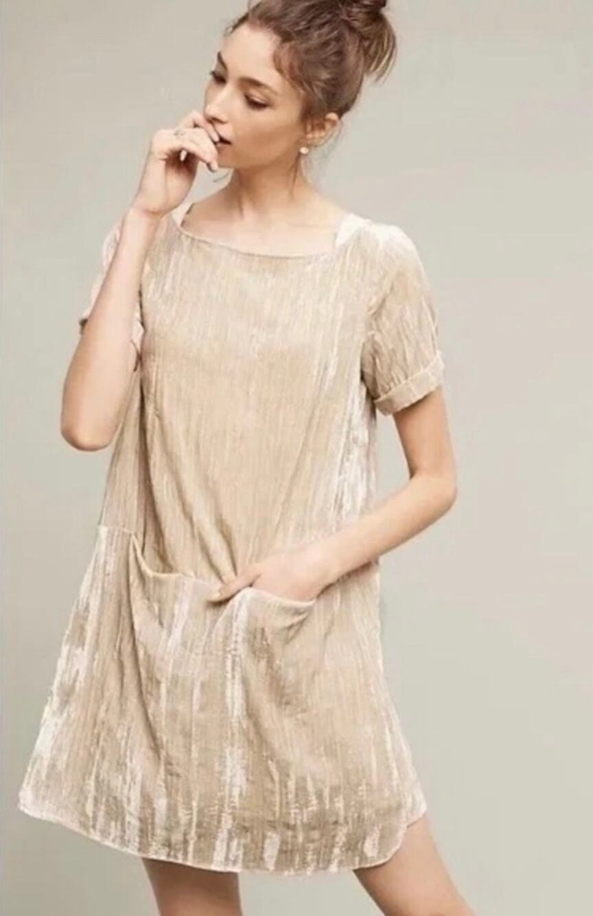 Anthropologie Floreat Crushed Velvet Tunic Dress Champagne Short Sleeve Medium
